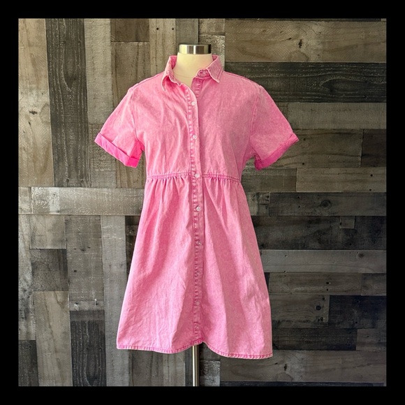 Dresses & Skirts - Pink denim button up dress medium pastel feminine Barbiecore festival boho chic